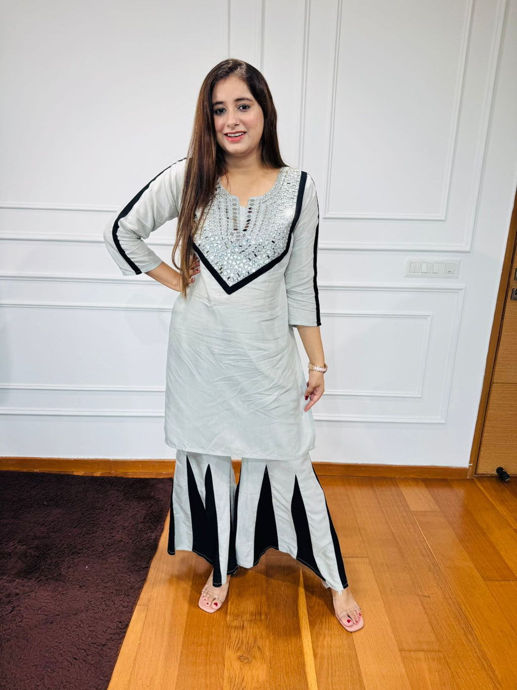 Veera⚔️ | Mint Green Mirror Work Kurta with Black Sharara Palazzo Set