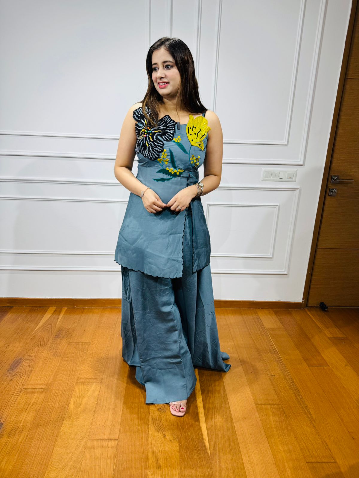 Banti 🎯 | Teal One-Shoulder 3D Floral Coordset – Tunic & Palazzo