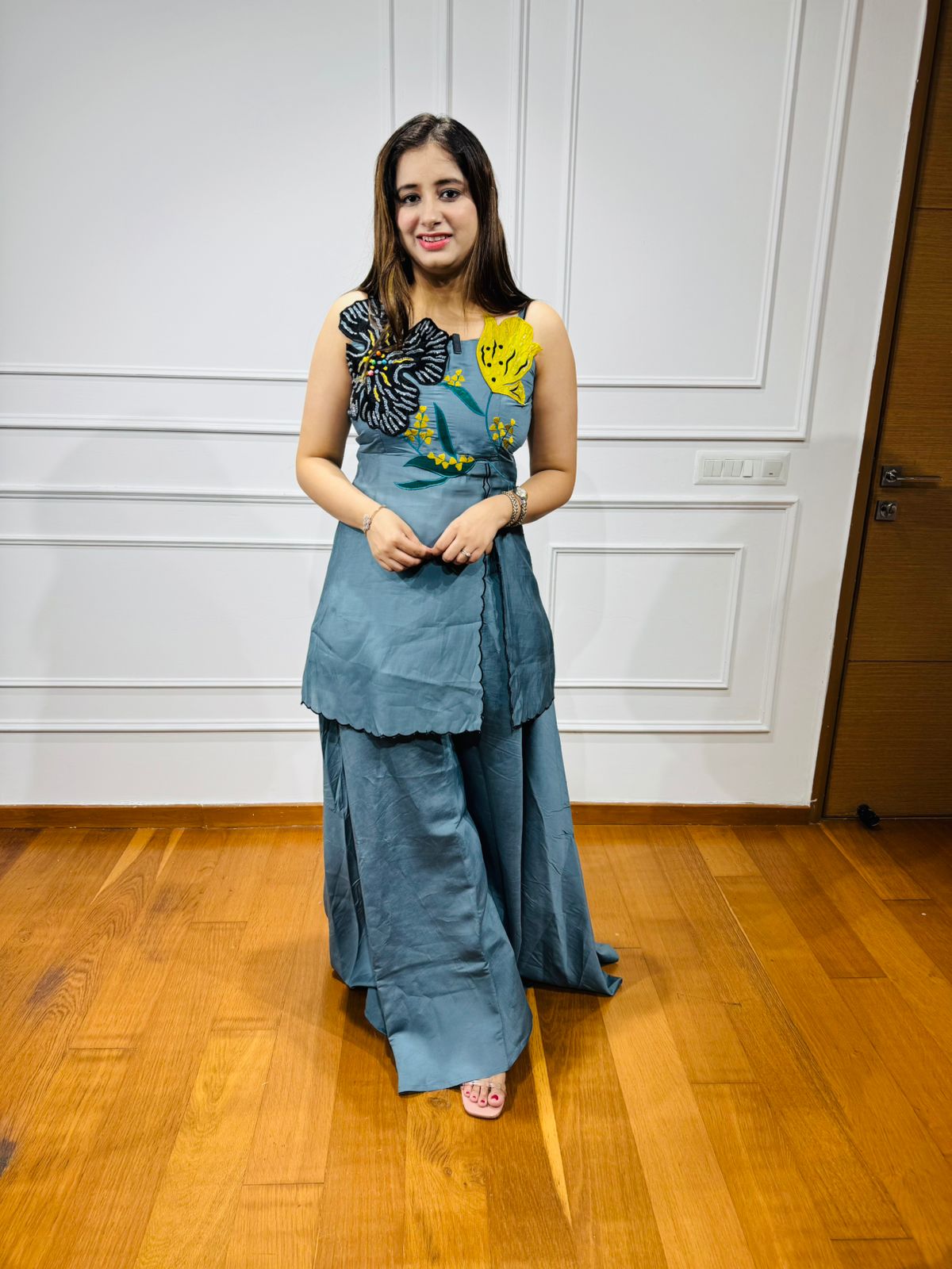 Banti 🎯 | Teal One-Shoulder 3D Floral Coordset – Tunic & Palazzo