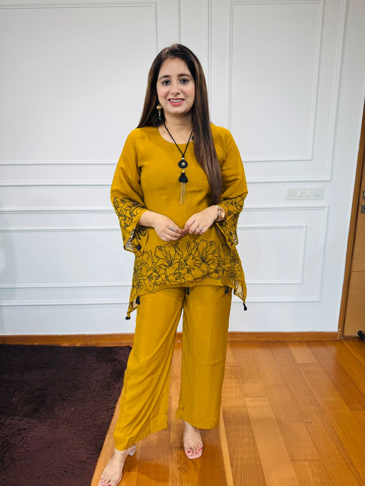 Tubaa🎺 | Mustard Floral Thread Embroidery Kurta with Palazzo Pant Set