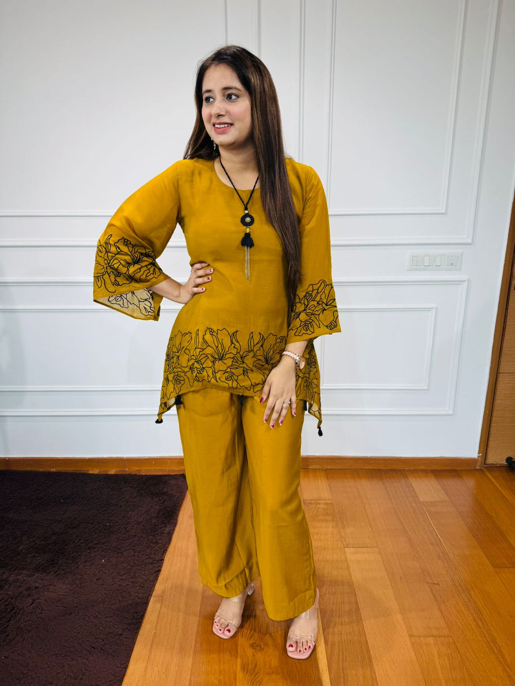 Tubaa🎺 | Mustard Floral Thread Embroidery Kurta with Palazzo Pant Set