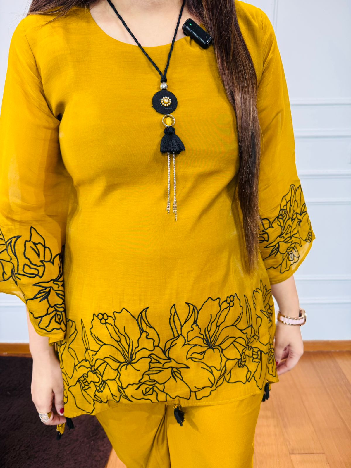 Tubaa🎺 | Mustard Floral Thread Embroidery Kurta with Palazzo Pant Set