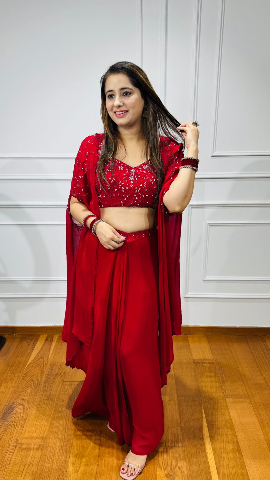 Sindoor🔴 | Ruby Red Sequin Cape Coordset – Crop Top & Drape Palazzo Skirt