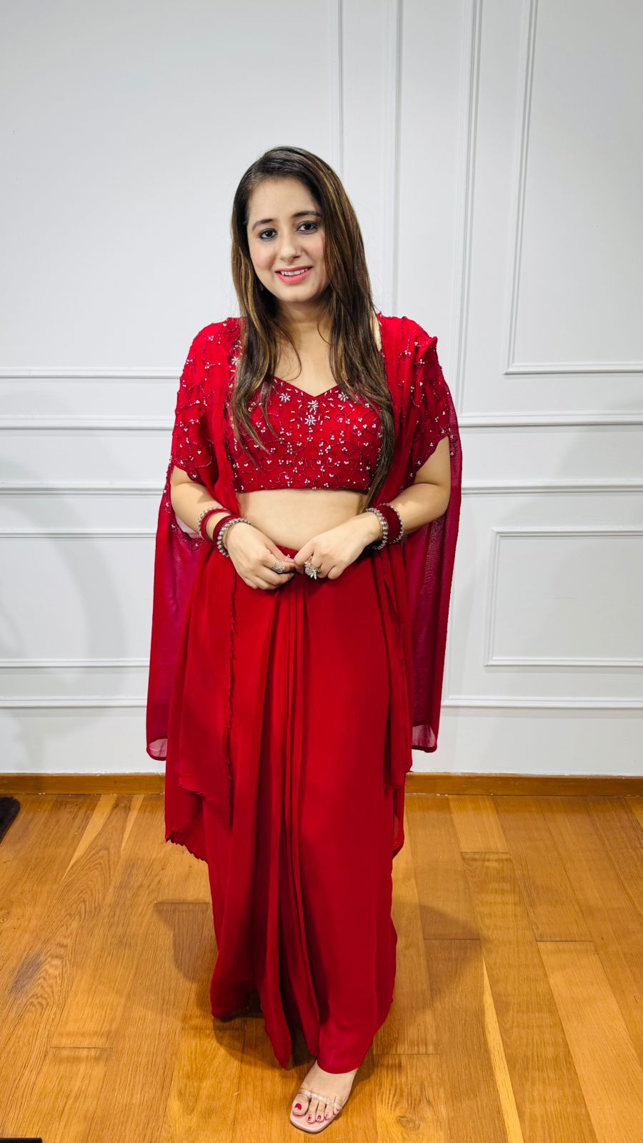 Sindoor🔴 | Ruby Red Sequin Cape Coordset – Crop Top & Drape Palazzo Skirt