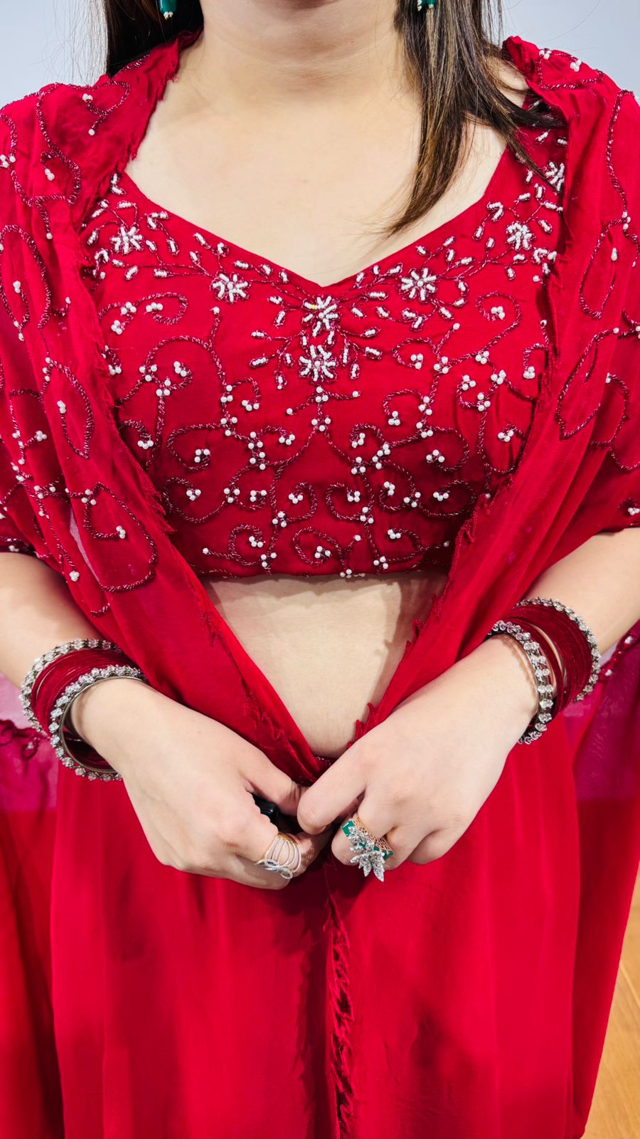 Sindoor🔴 | Ruby Red Sequin Cape Coordset – Crop Top & Drape Palazzo Skirt