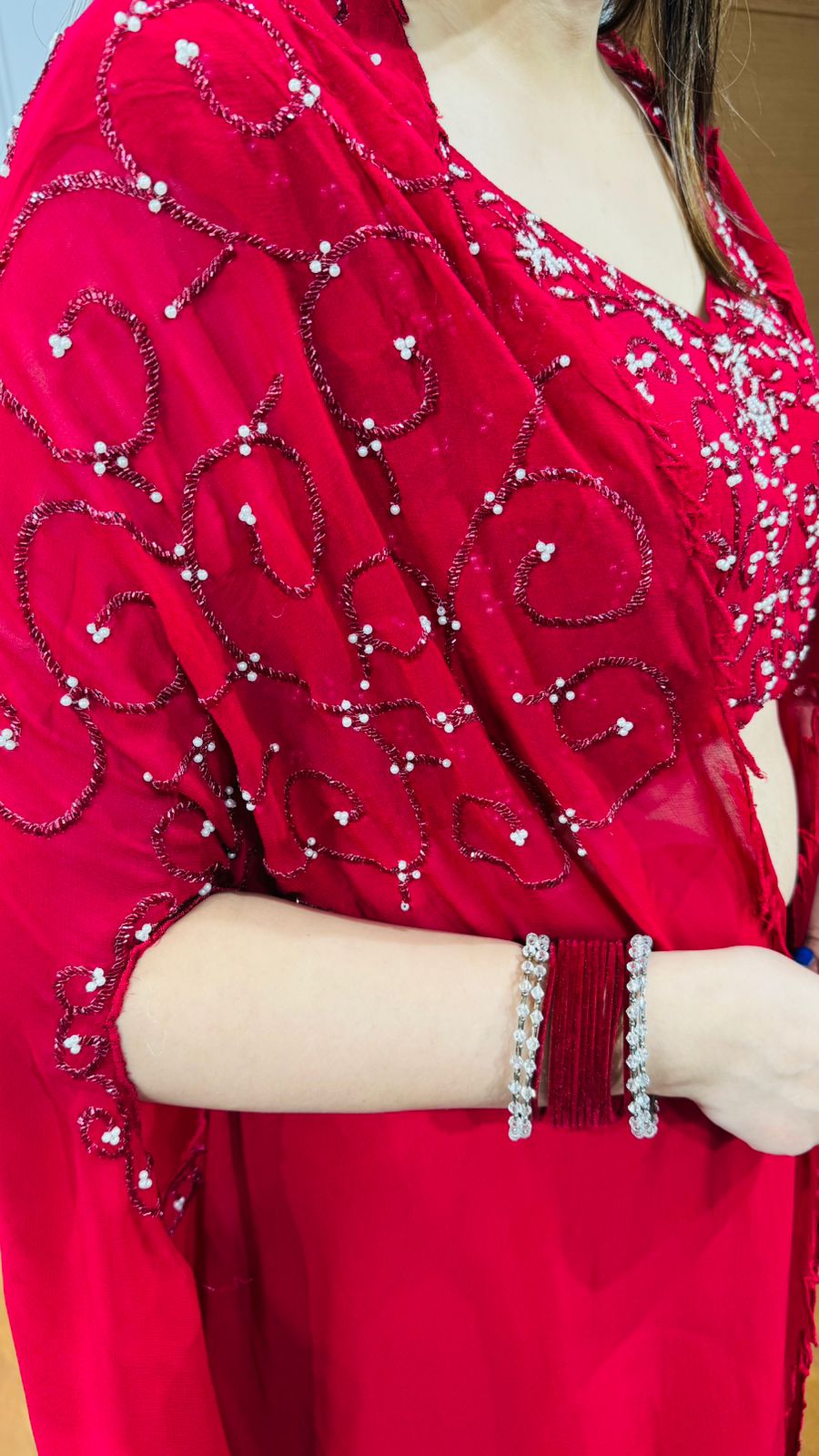 Sindoor🔴 | Ruby Red Sequin Cape Coordset – Crop Top & Drape Palazzo Skirt