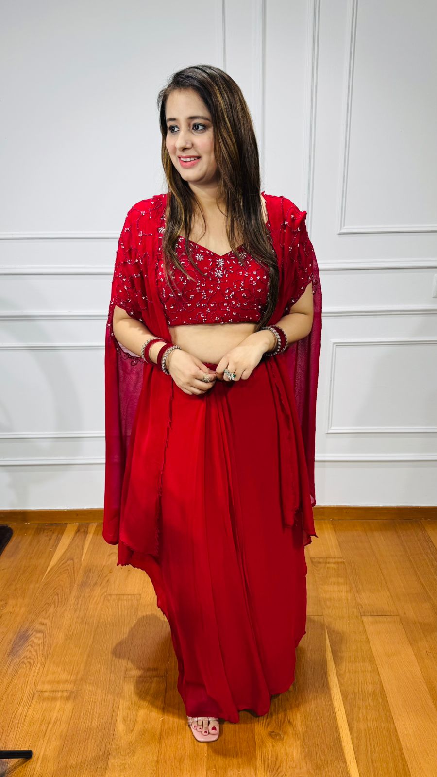 Sindoor🔴 | Ruby Red Sequin Cape Coordset – Crop Top & Drape Palazzo Skirt