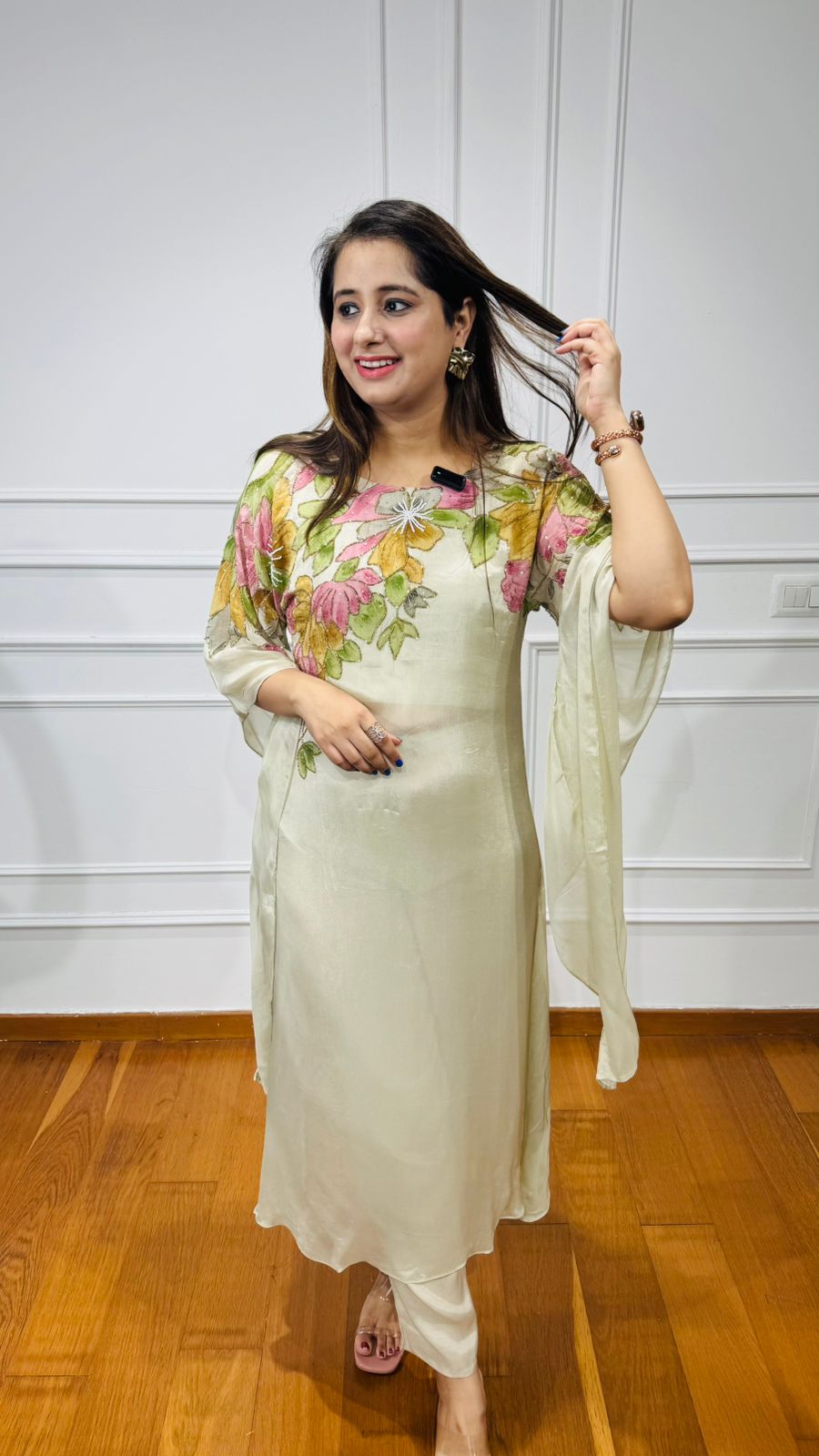 Khyati🌺 | Ivory Embroidered Kurta Pant Set – Pastel Flowers & Organza Overlay