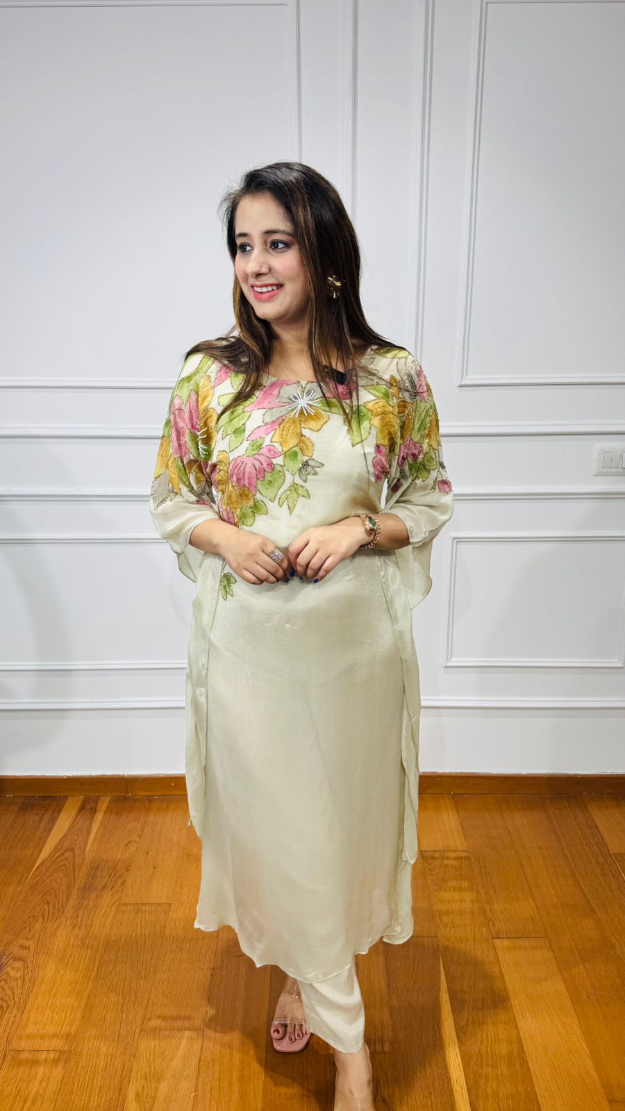 Khyati🌺 | Ivory Embroidered Kurta Pant Set – Pastel Flowers & Organza Overlay