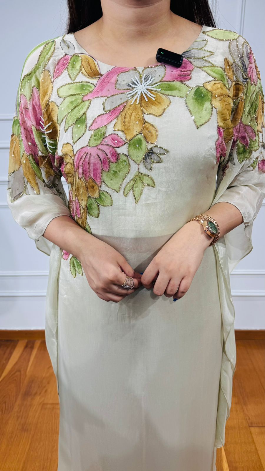 Khyati🌺 | Ivory Embroidered Kurta Pant Set – Pastel Flowers & Organza Overlay