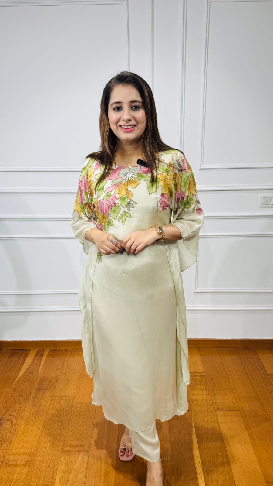 Khyati🌺 | Ivory Embroidered Kurta Pant Set – Pastel Flowers & Organza Overlay