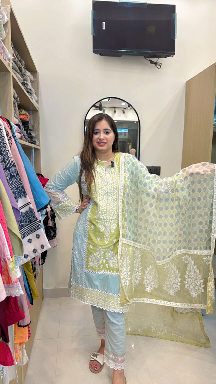 Ragini🎶 | Pastel Green Thread Embroidered Suit Set with Printed Dupatta