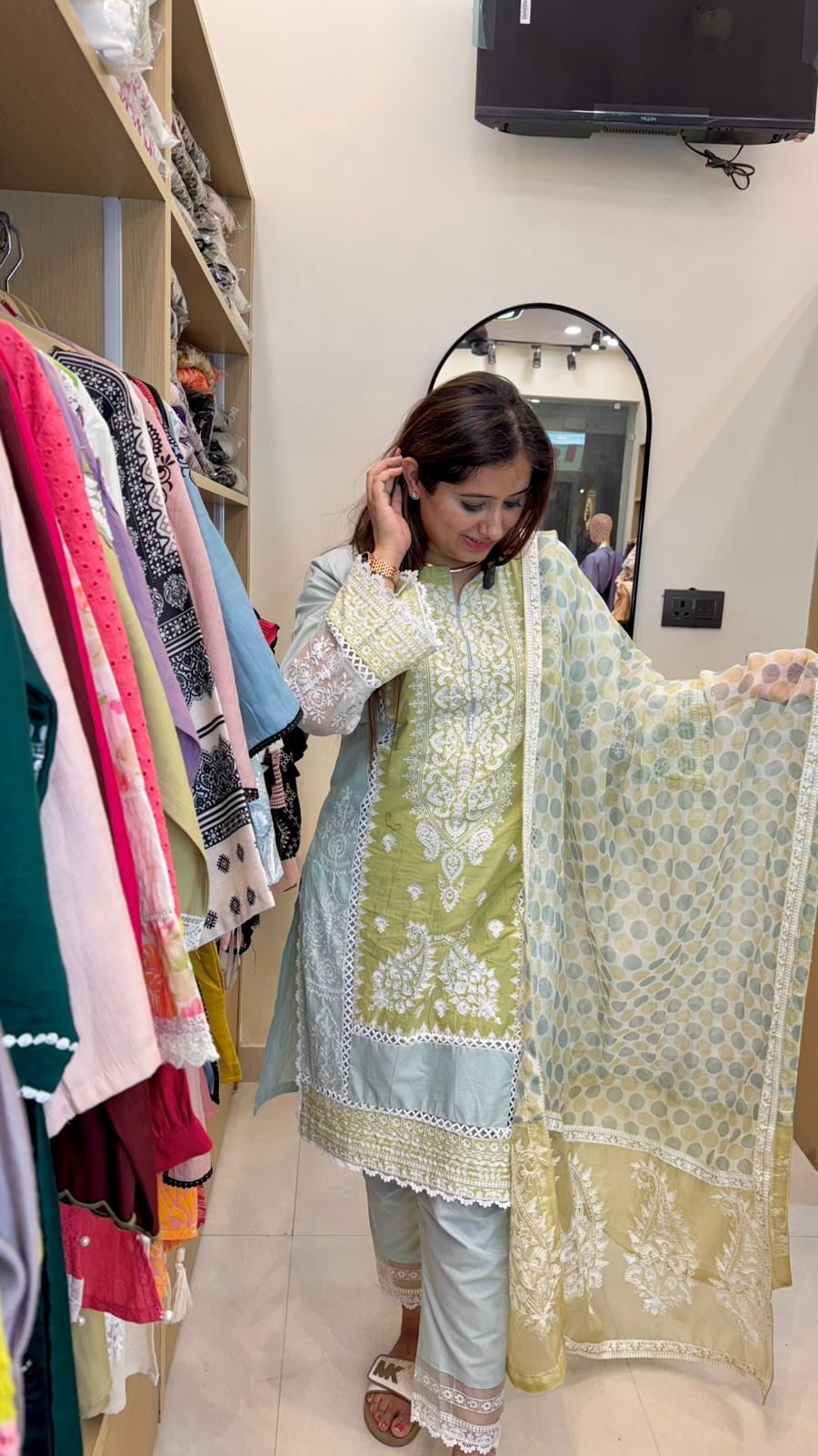 Ragini🎶 | Pastel Green Thread Embroidered Suit Set with Printed Dupatta