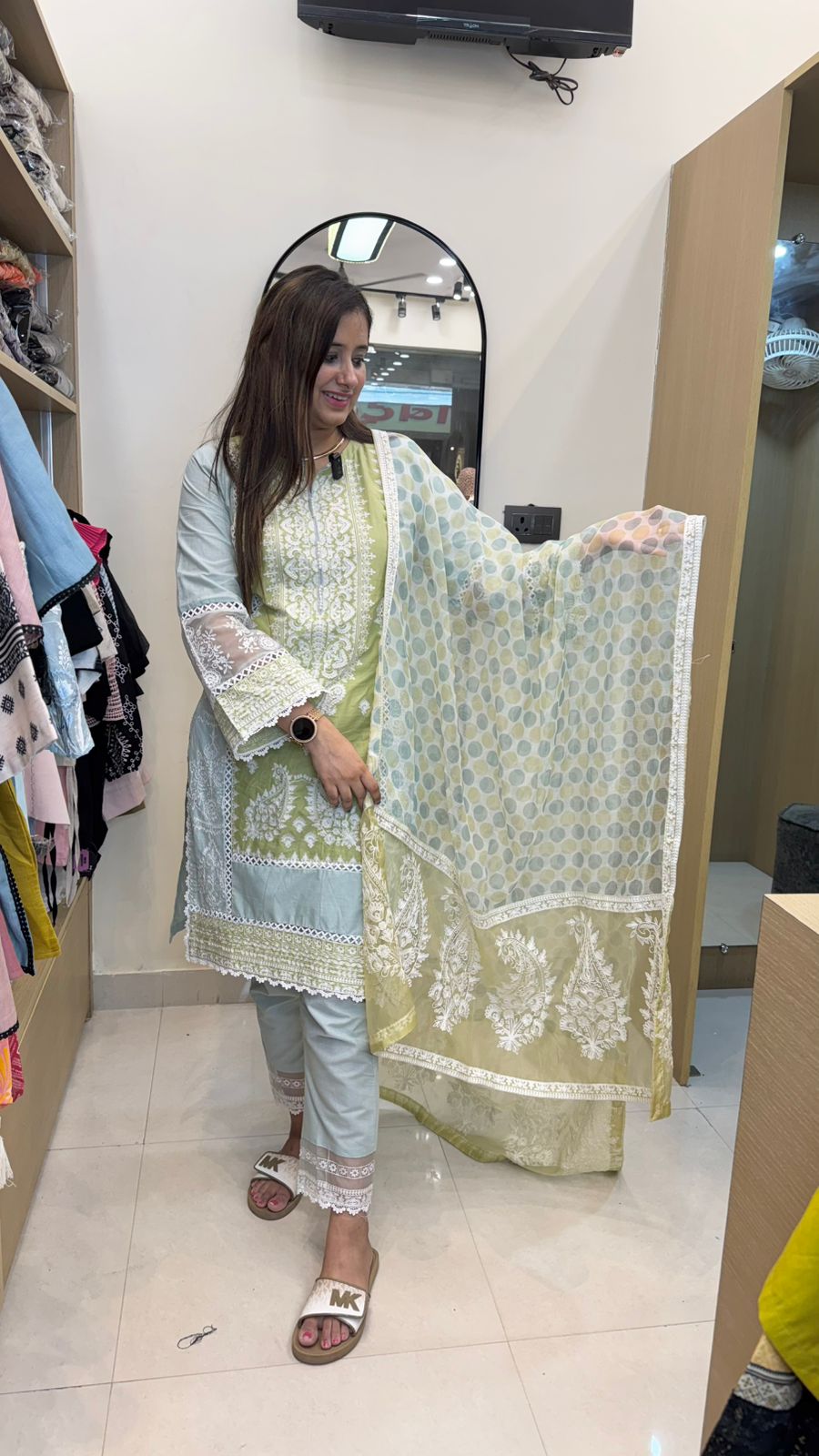 Ragini🎶 | Pastel Green Thread Embroidered Suit Set with Printed Dupatta