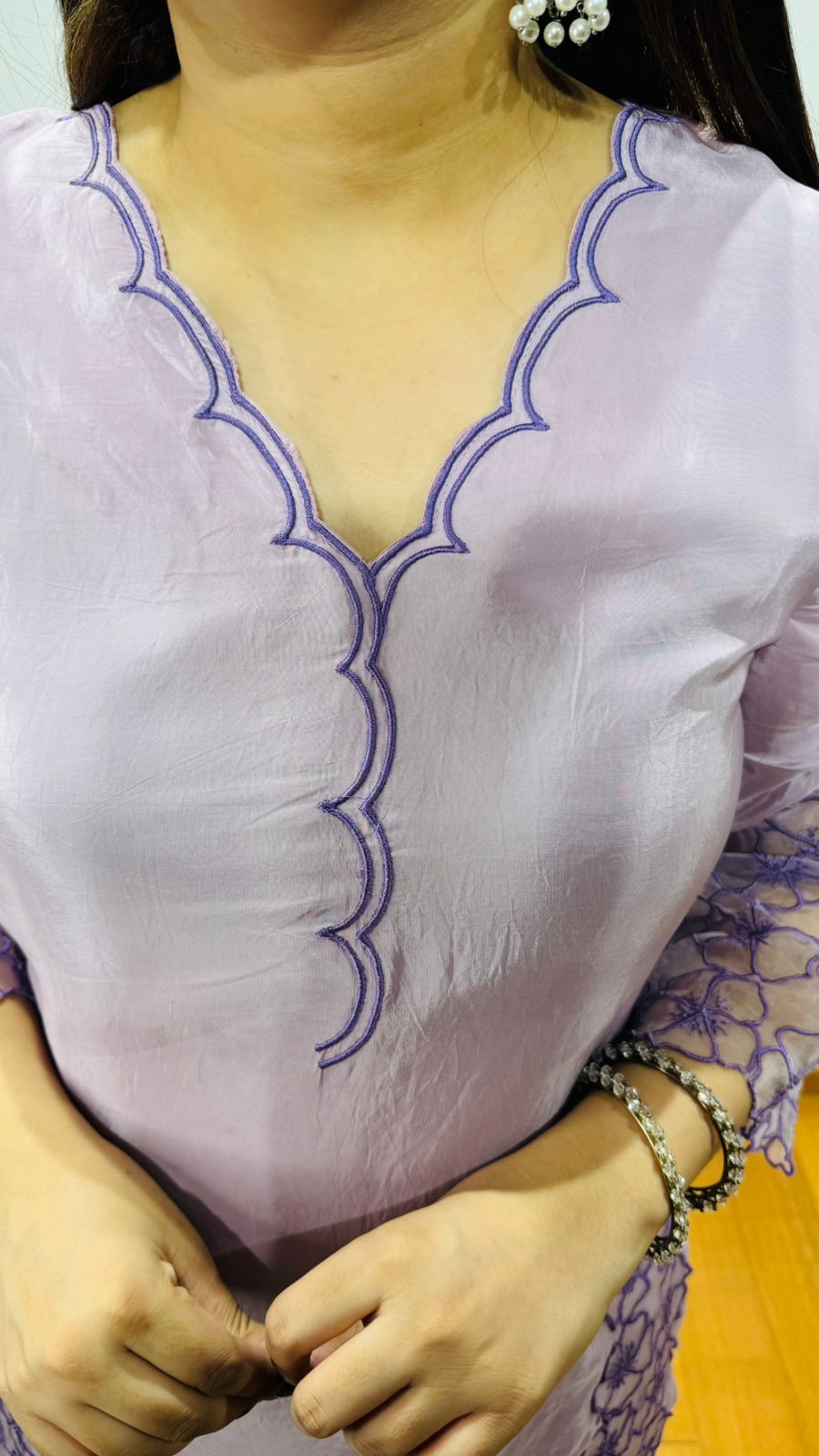 Ramneet🧠 | Pastel Lilac Geometric Thread Kurta Set – Fancy Sleeves & Dupatta