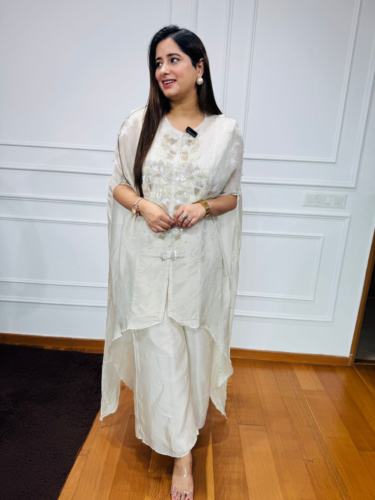 Timi🌷 | White Embroidered Cape Kurta & Flowy Pant Contemporary Set