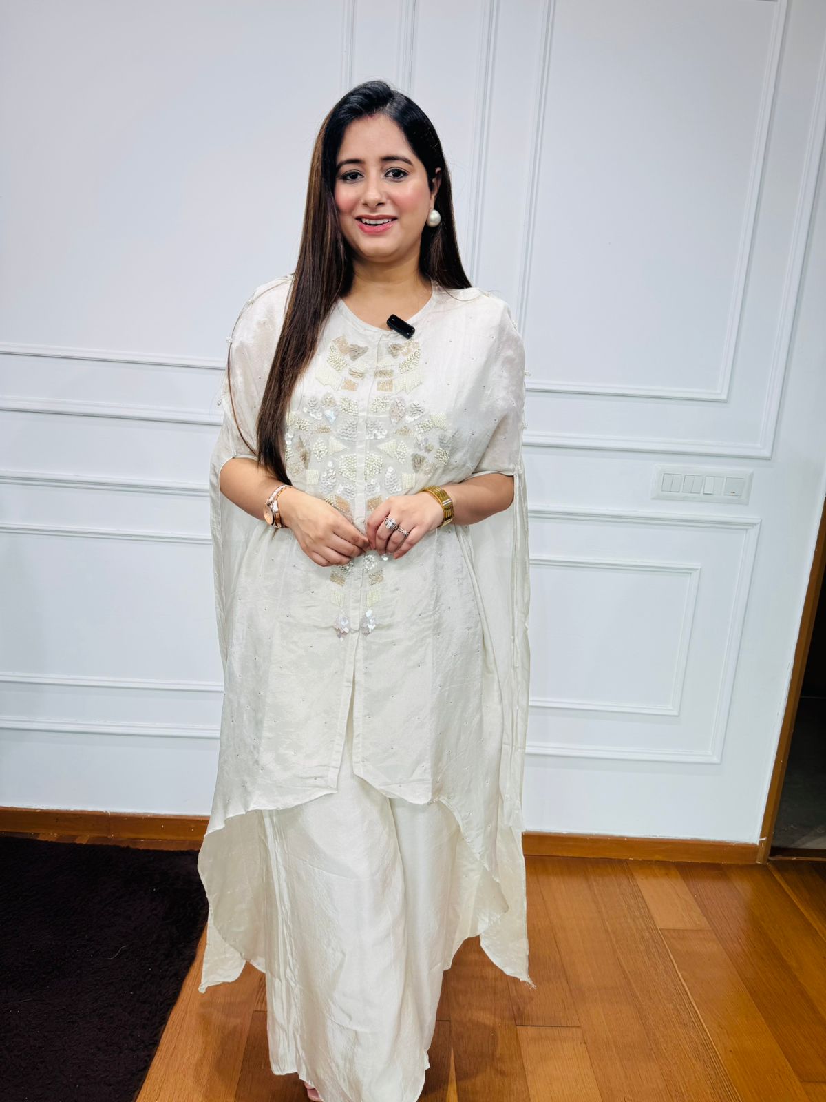 Timi🌷 | White Embroidered Cape Kurta & Flowy Pant Contemporary Set