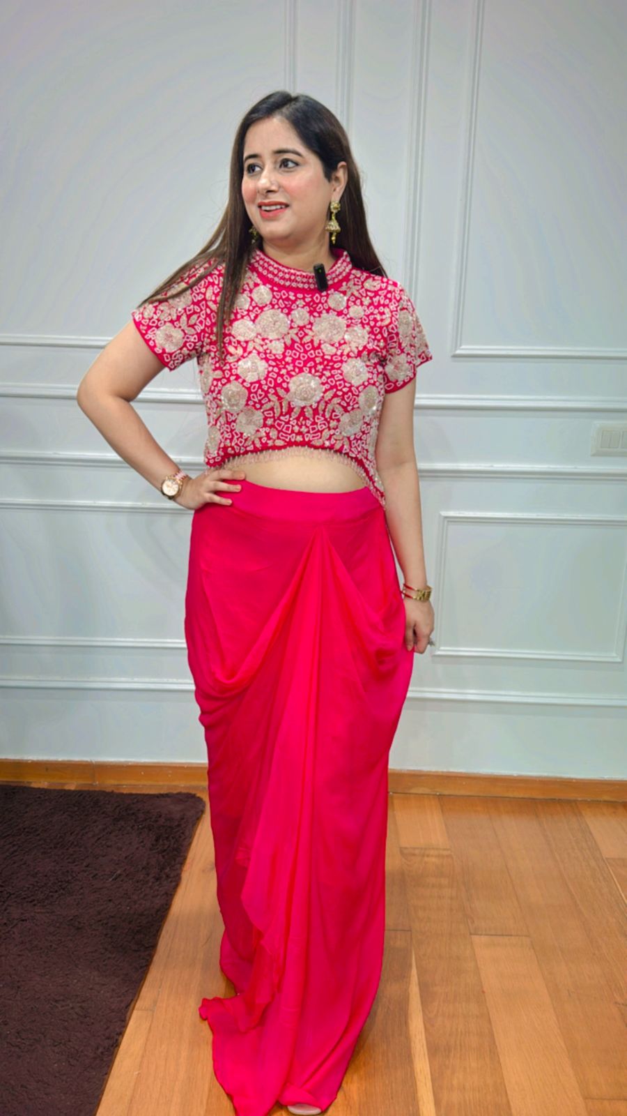 Diana✨ | Designer Pink Embroidered Crop Top & Draped Skirt Occasion Set