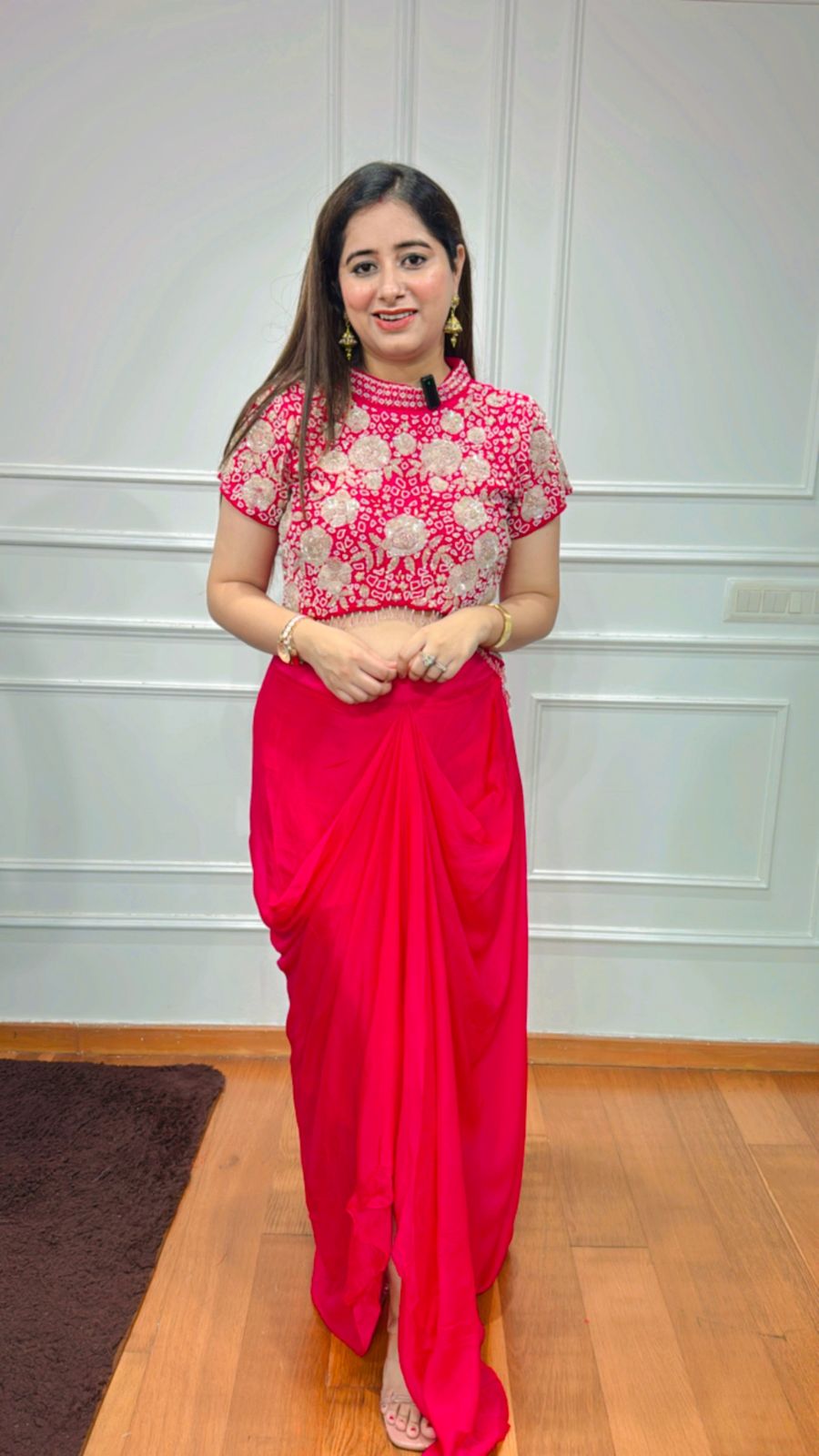 Diana✨ | Designer Pink Embroidered Crop Top & Draped Skirt Occasion Set