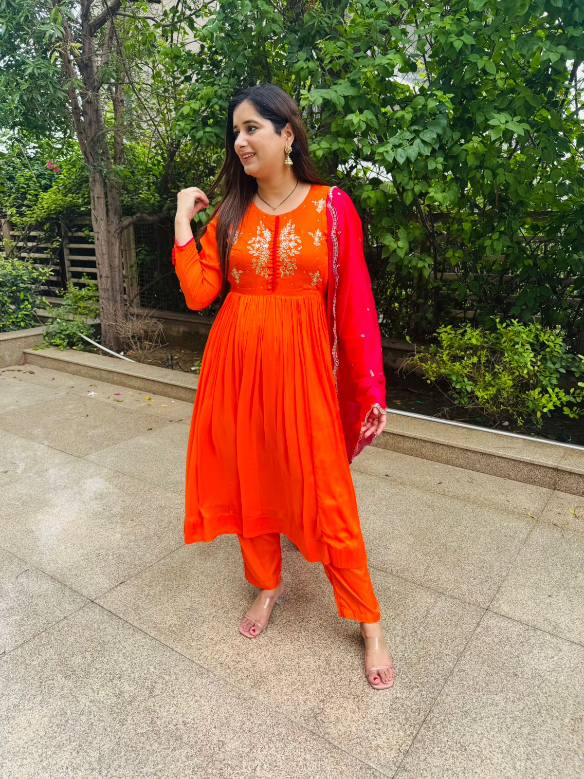 Soha🌹 | Orange Anarkali Kurta Pant Set – Thread Embroidery & Pink Dupatta