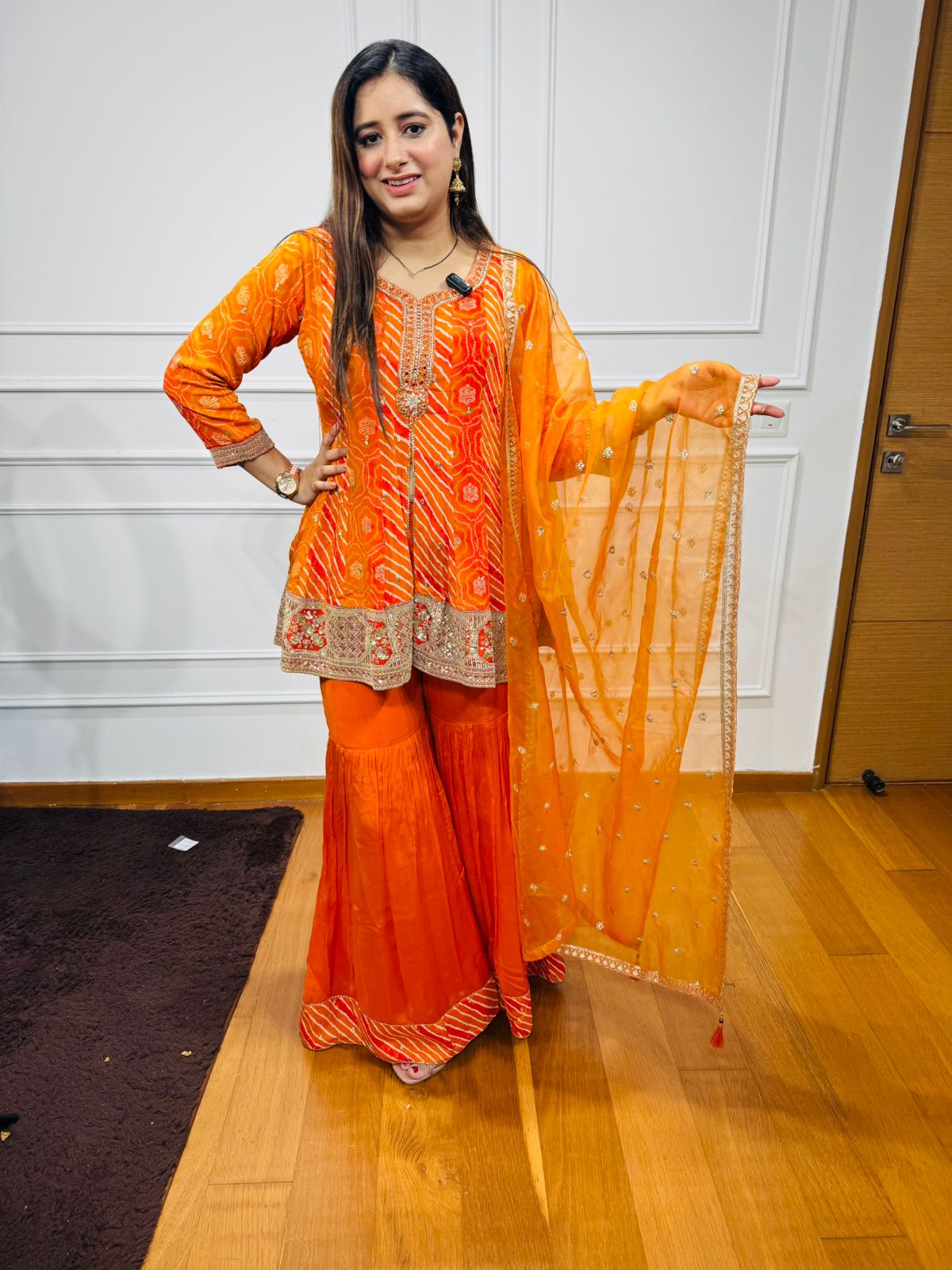 Tarini🌸 | Designer Orange Bandhej Print Gota Patti Embroidered Sharara Suit Set