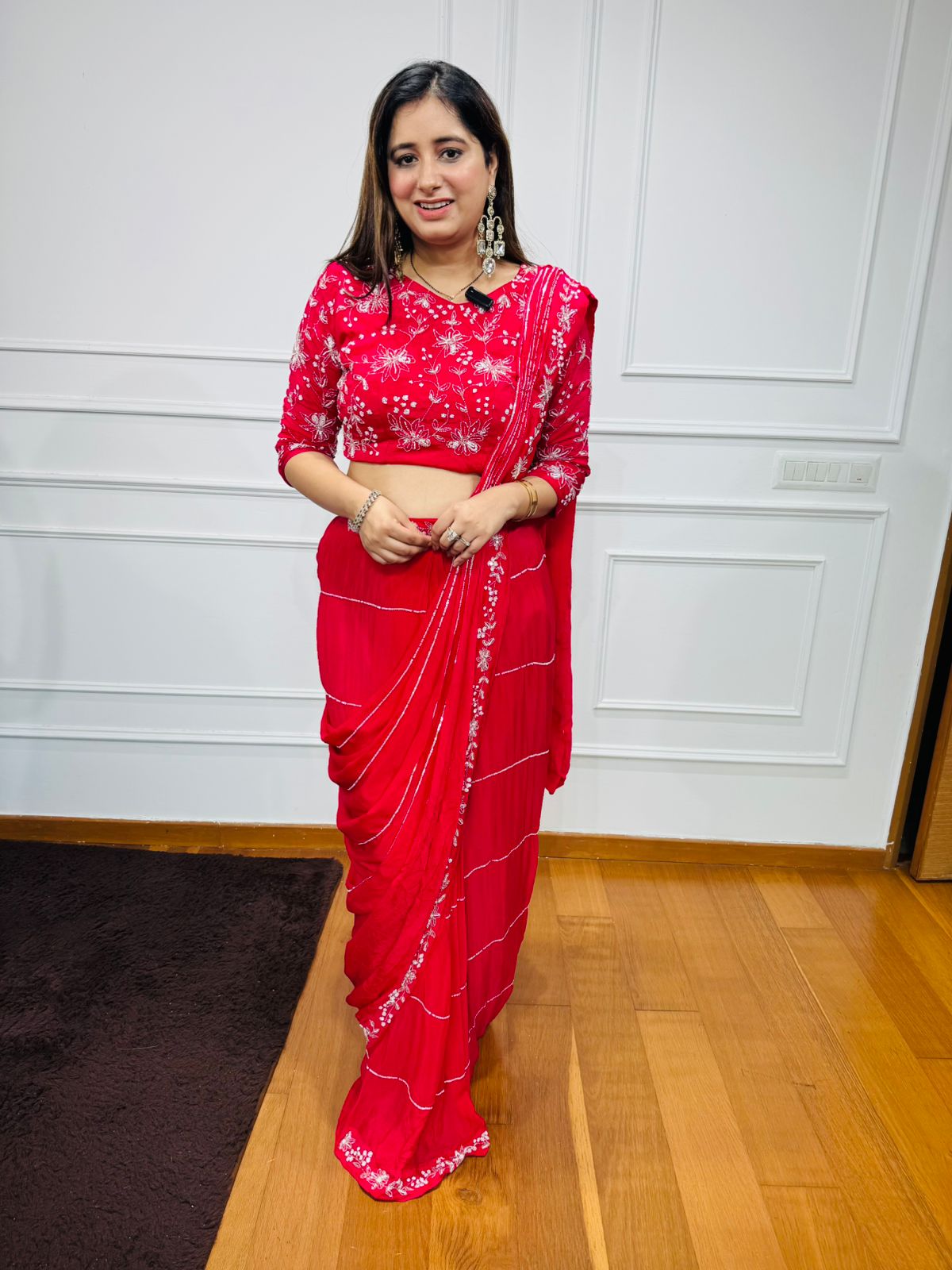 Pariya❤️ | Red Floral Work Saree Set – Embroidered Blouse and Striped Saree"