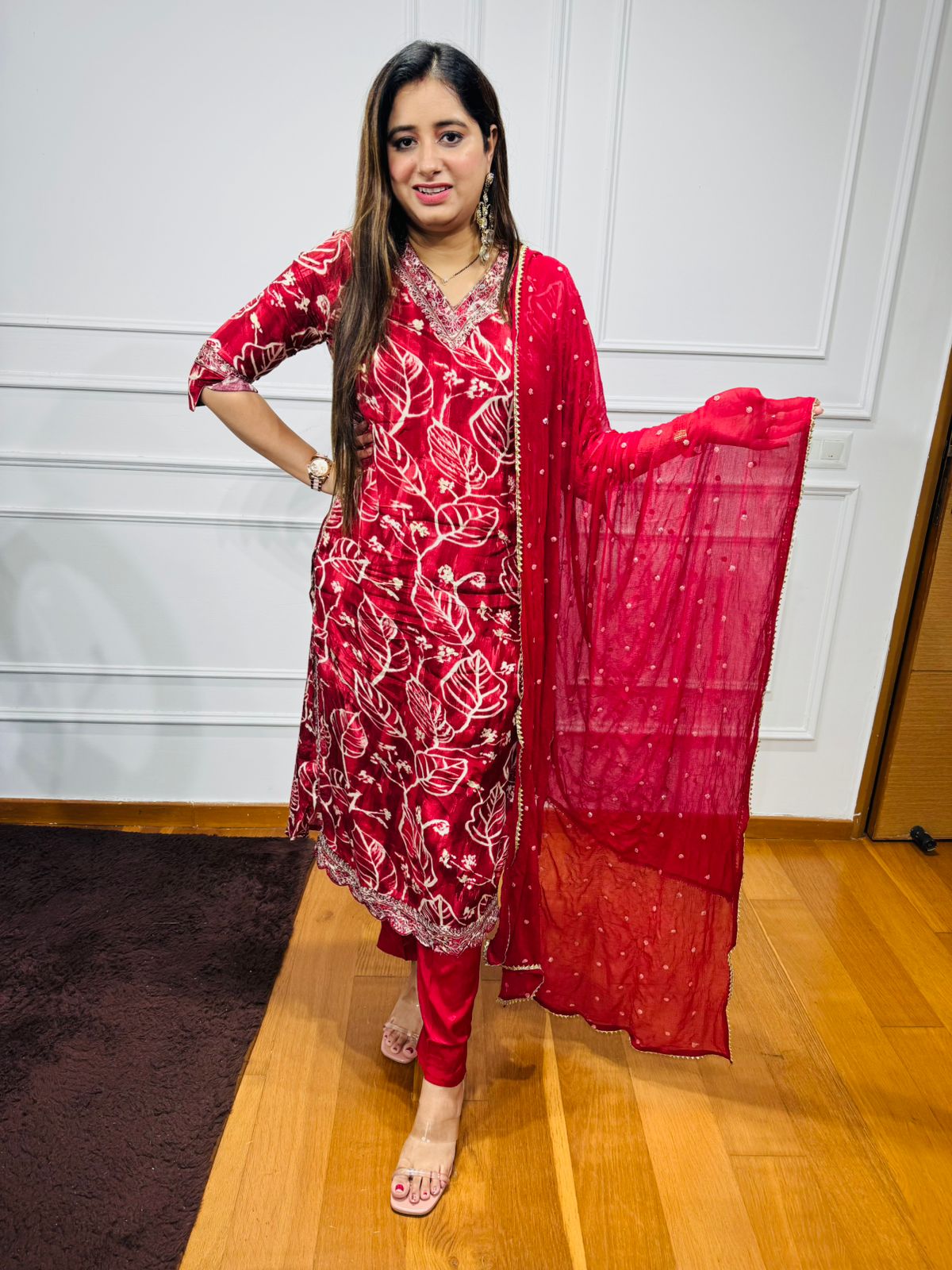 Gautami🎨 | Scarlet Red Leaf Motif Kurta Pant Set with Embroidered Dupatta