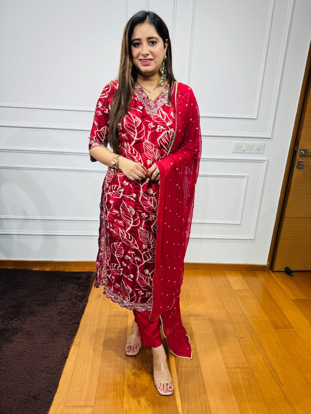 Gautami🎨 | Scarlet Red Leaf Motif Kurta Pant Set with Embroidered Dupatta
