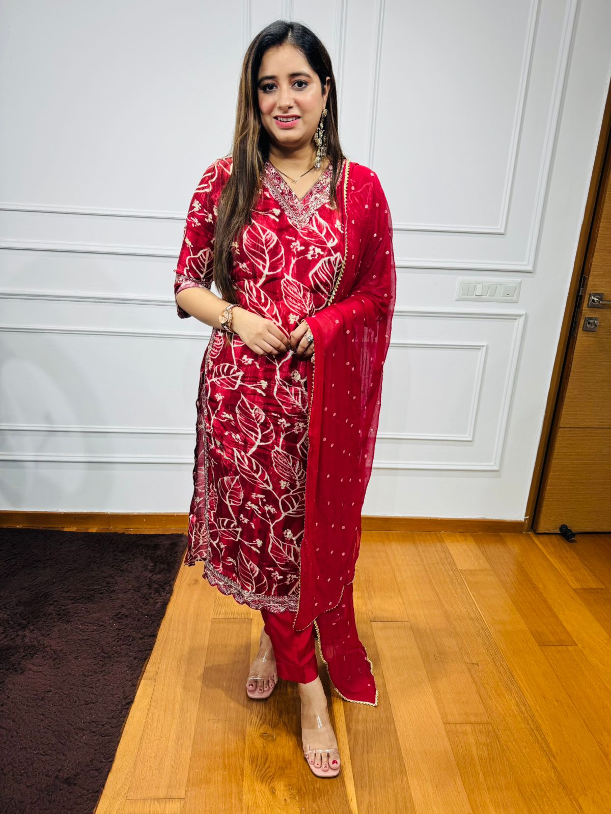 Gautami🎨 | Scarlet Red Leaf Motif Kurta Pant Set with Embroidered Dupatta