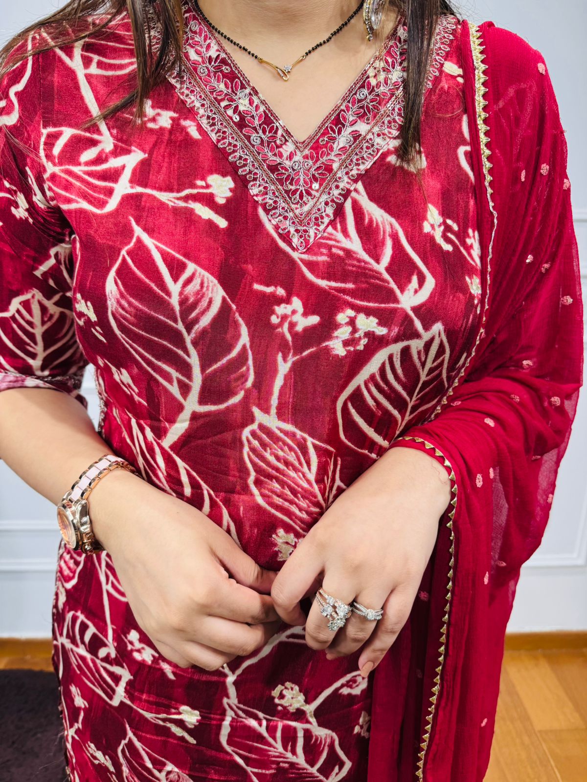 Gautami🎨 | Scarlet Red Leaf Motif Kurta Pant Set with Embroidered Dupatta