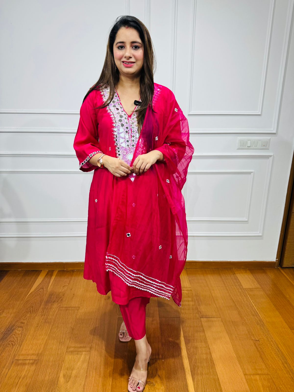 Torani🪡 | Pink Mirror Work Kurta Pant Set with Embroidered Dupatta