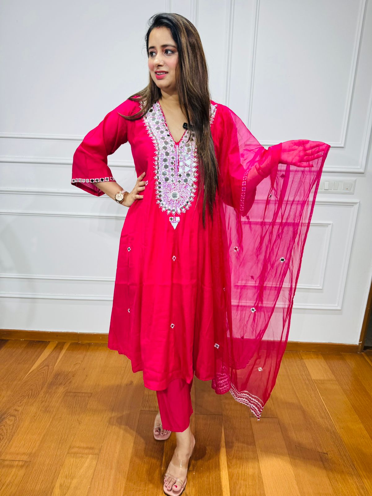 Torani🪡 | Pink Mirror Work Kurta Pant Set with Embroidered Dupatta