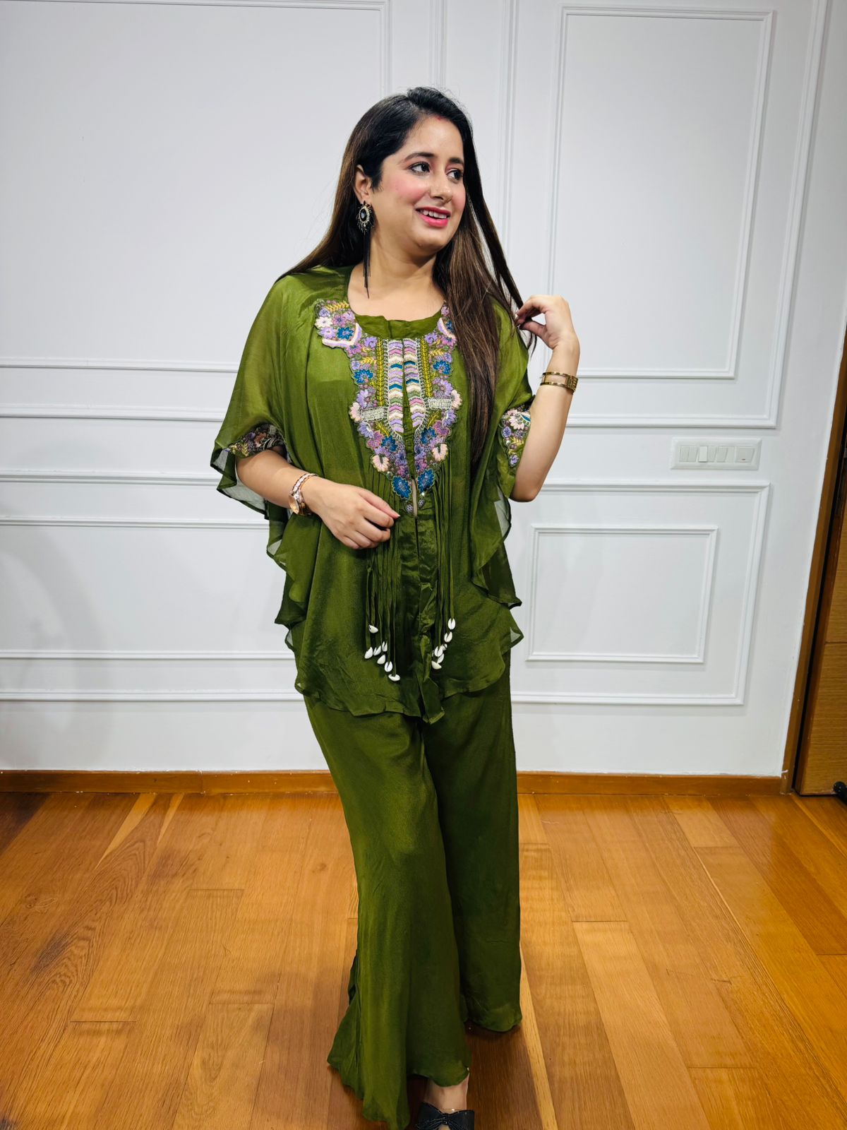 Mandira🪷 | Designer Olive Green Embroidered Kaftan Palazzo Coordset for Women
