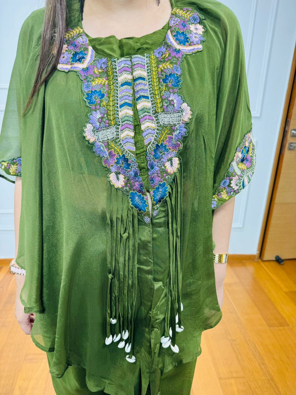 Mandira🪷 | Designer Olive Green Embroidered Kaftan Palazzo Coordset for Women