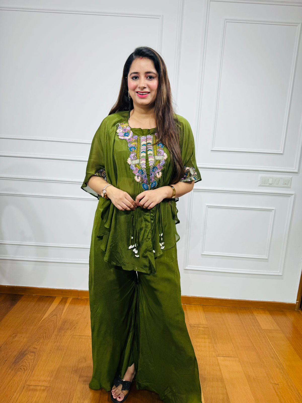 Mandira🪷 | Designer Olive Green Embroidered Kaftan Palazzo Coordset for Women