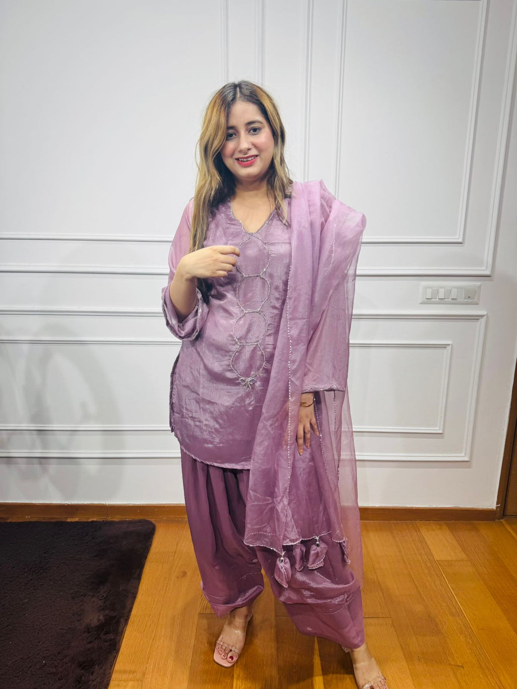 Reena🌟 | Pastel Lilac Embroidered Patiala Set – Kurta, Salwar & Dupatta