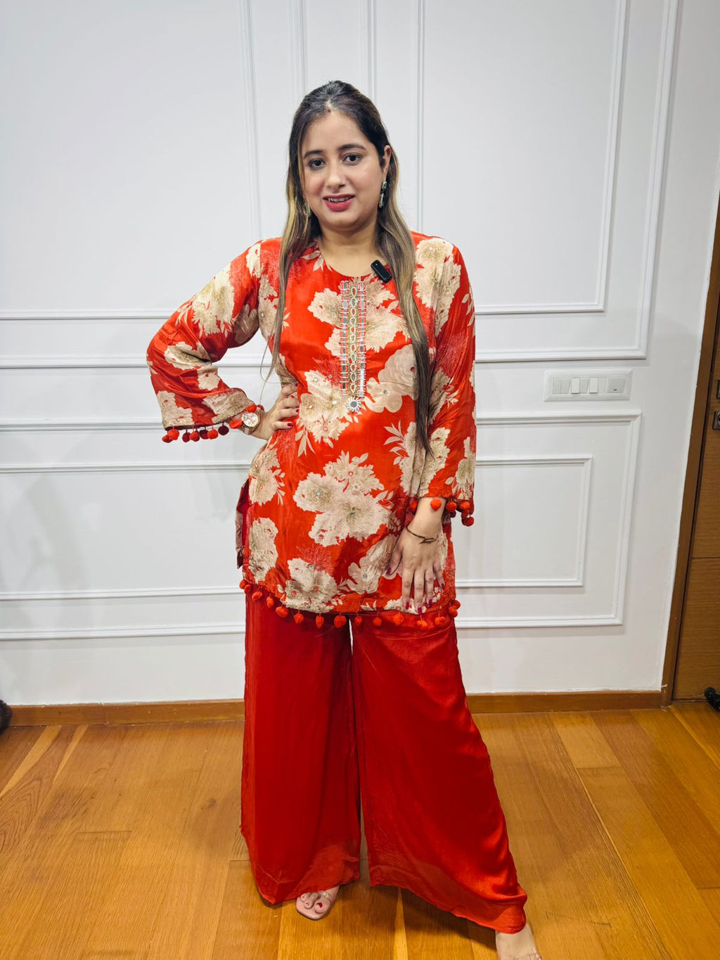 Ramina🌸 | Bold Red Floral Kurta Pant Set – Beaded Hem and Sleeves