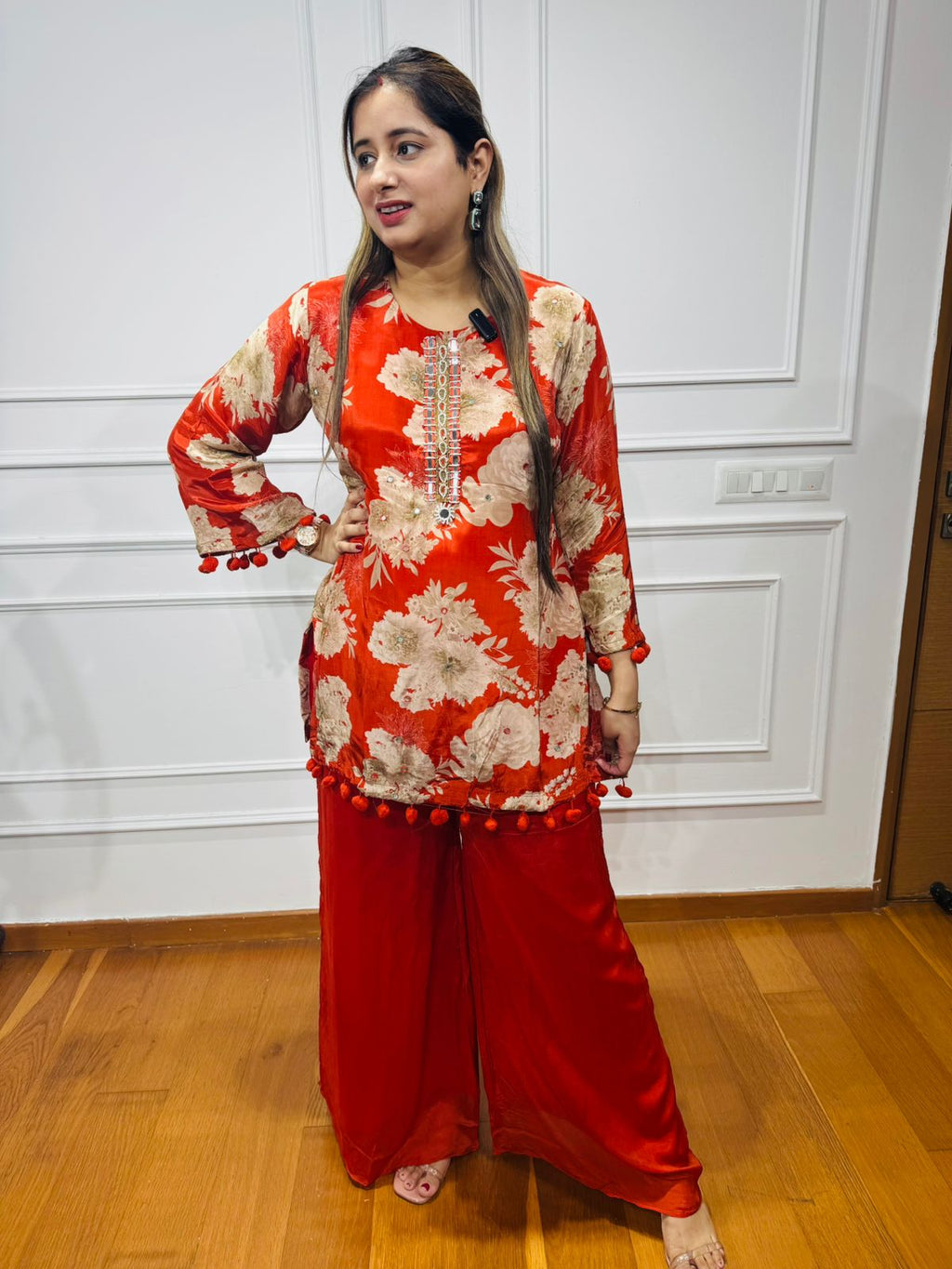 Ramina🌸 | Bold Red Floral Kurta Pant Set – Beaded Hem and Sleeves