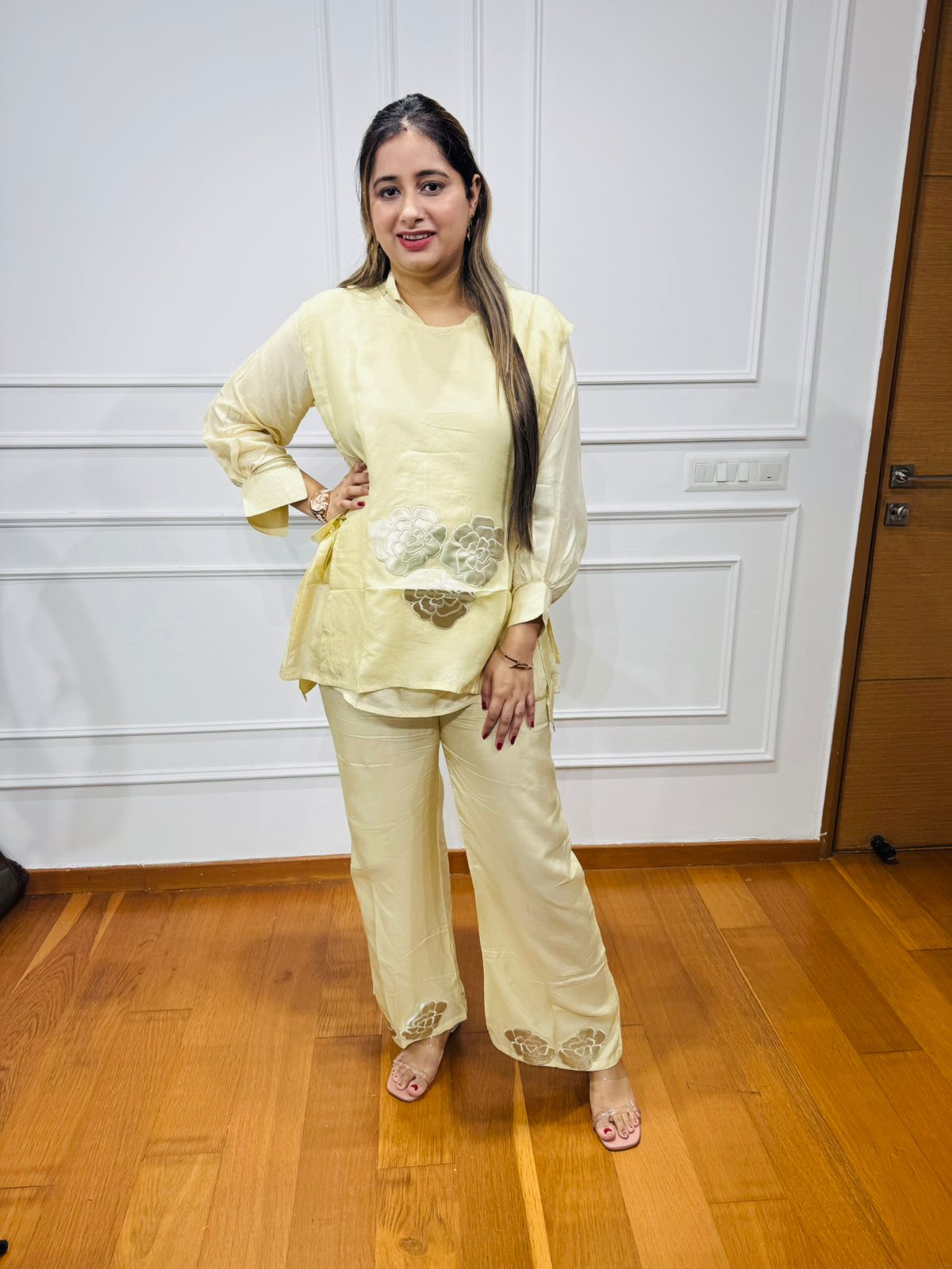 Sohan✨ | Buttery Lemon Foil Motif Coordset – Kurta & Wide-Leg Pant