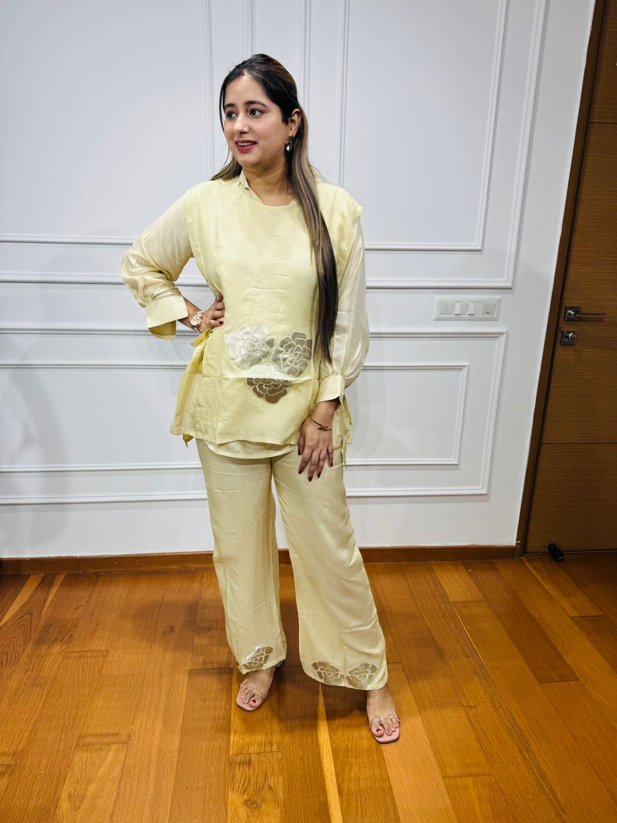 Sohan✨ | Buttery Lemon Foil Motif Coordset – Kurta & Wide-Leg Pant