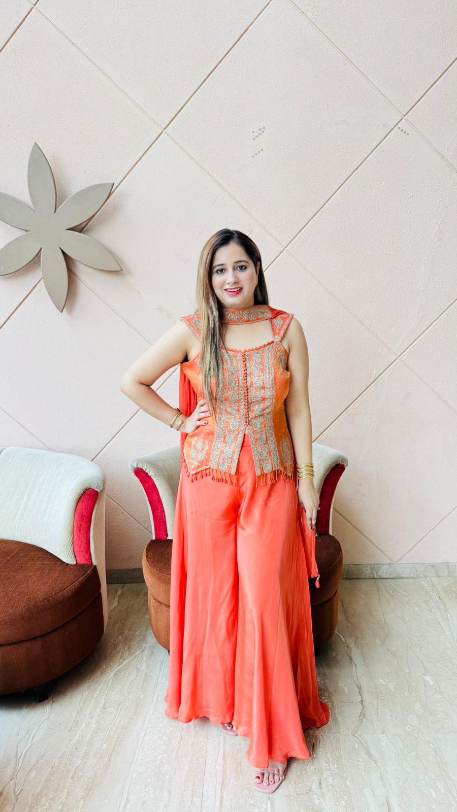 Sumona✨ | Peach Designer Corset Kurti with Flared Sharara Pants
