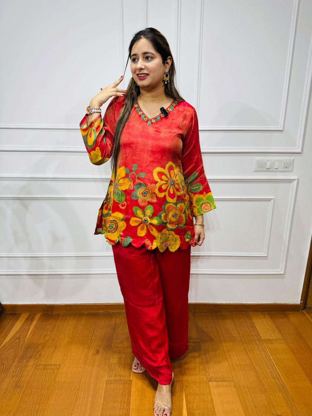 Suhani☀️ | Bright Red Artistic Floral Coordset – Painted Kurta with Pants