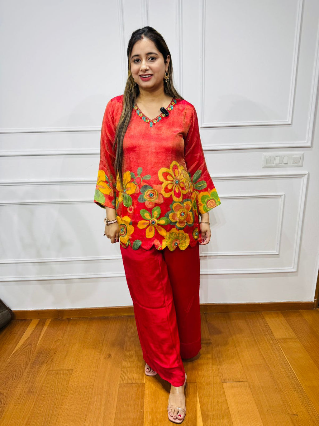 Suhani☀️ | Bright Red Artistic Floral Coordset – Painted Kurta with Pants