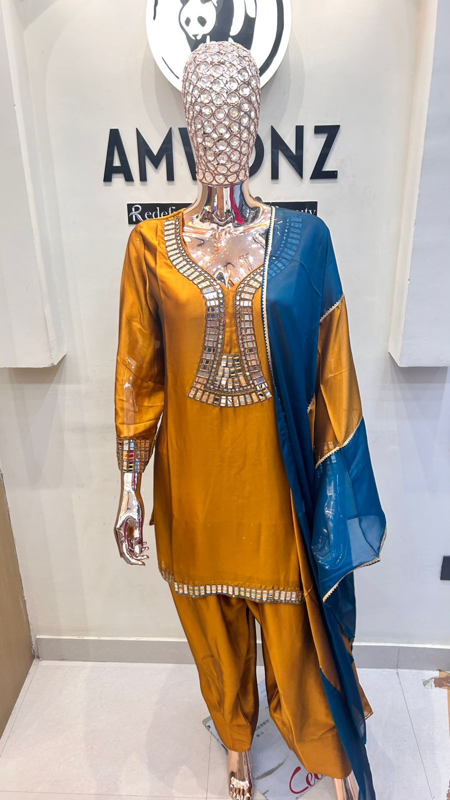 Vaani👗 | Mustard Mirror Work Patiala Suit with Teal Dupatta