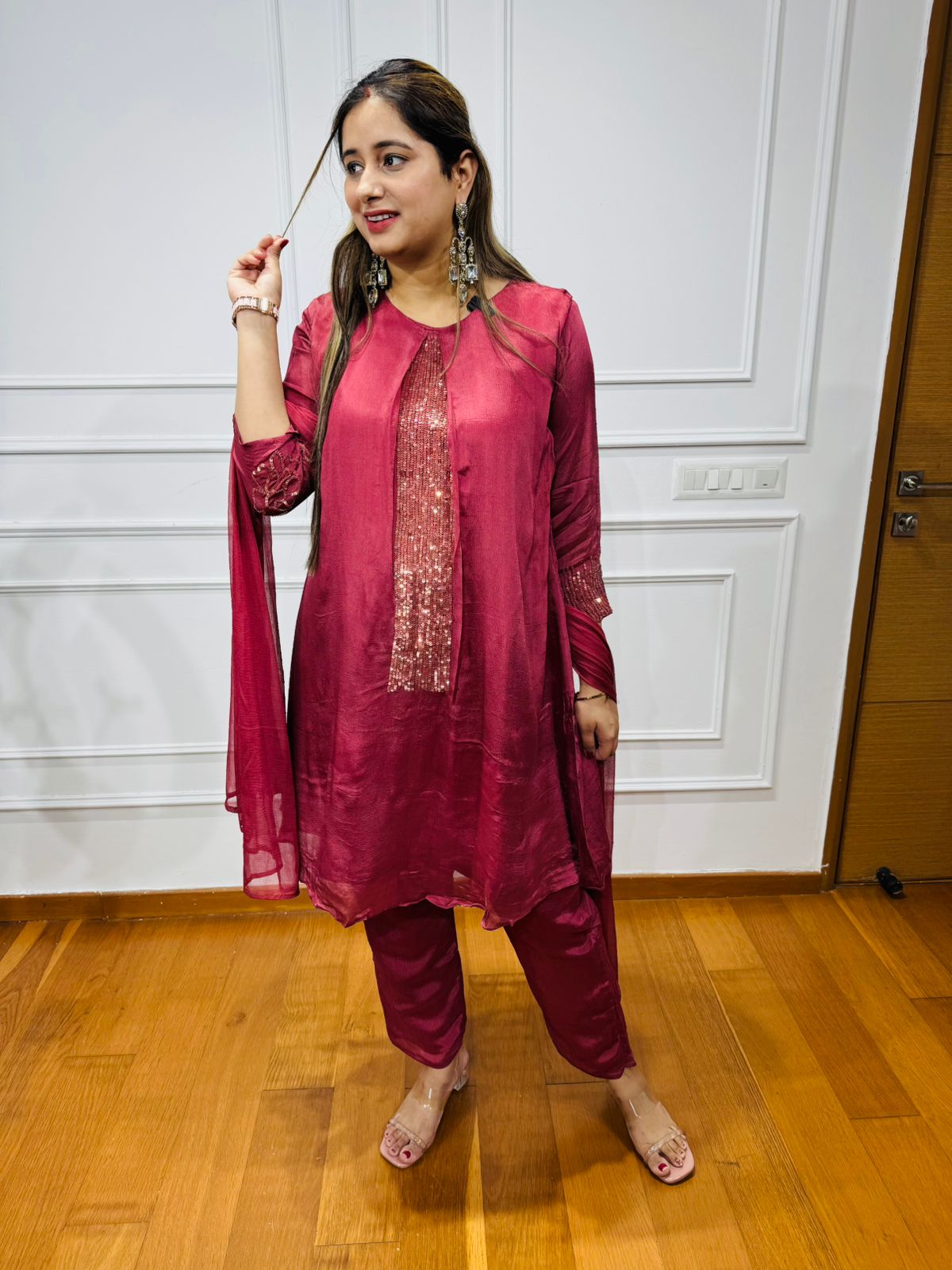 Tania🦋 | Wine Sequin-Embellished Kurta Pant Dupatta Set