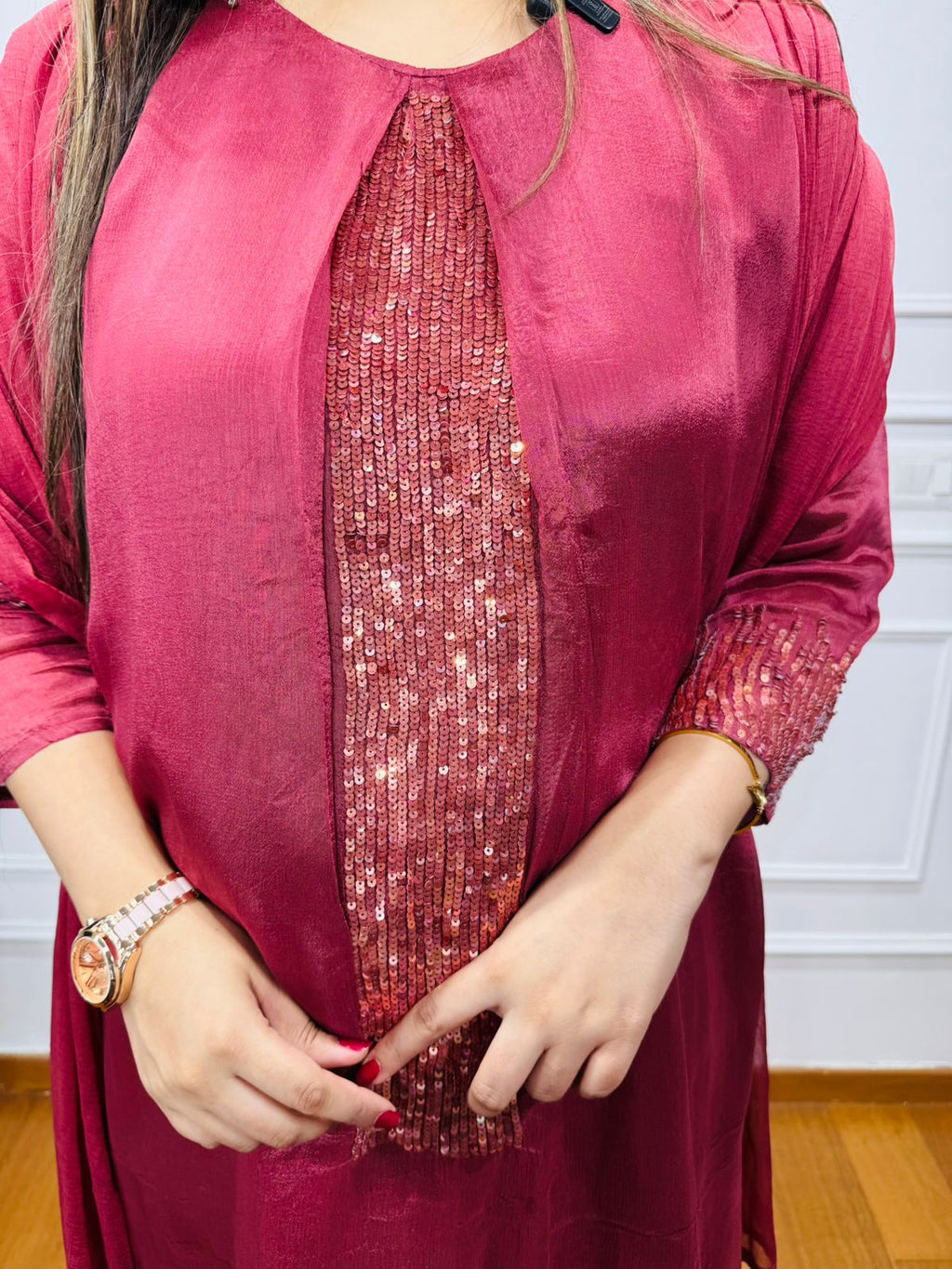 Tania🦋 | Wine Sequin-Embellished Kurta Pant Dupatta Set