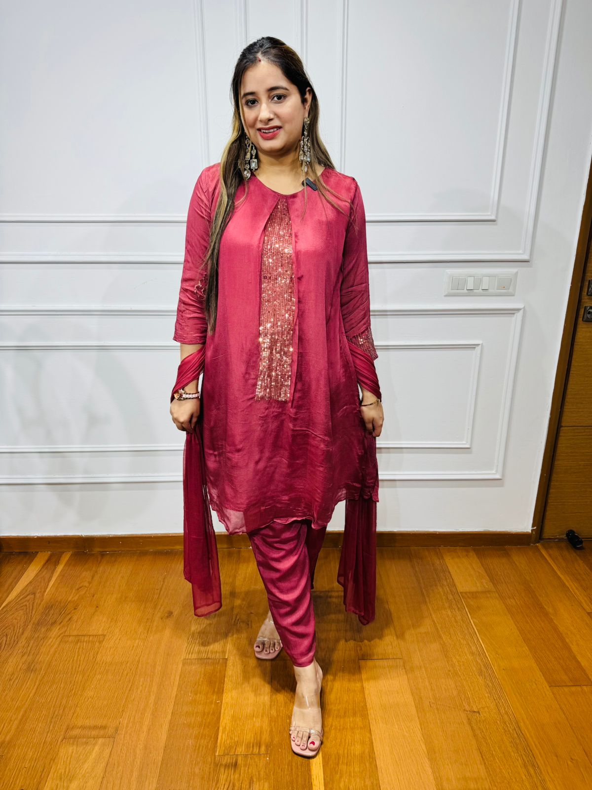 Tania🦋 | Wine Sequin-Embellished Kurta Pant Dupatta Set