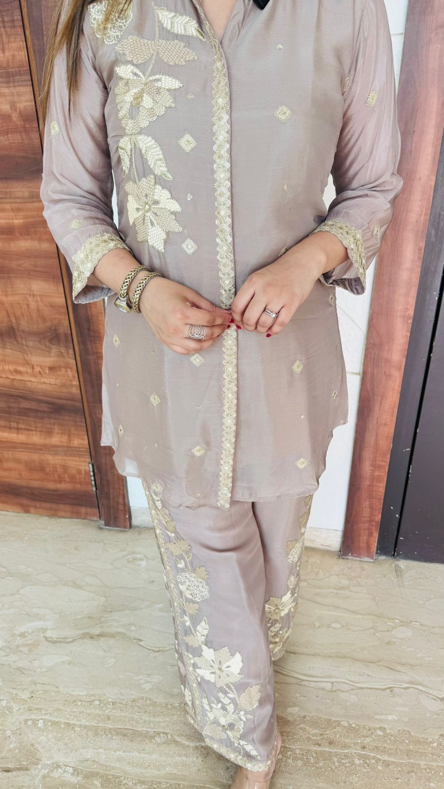 Ilana🌳 | Taupe Golden Embroidered Coordset – Shirt with Wide-Leg Pants