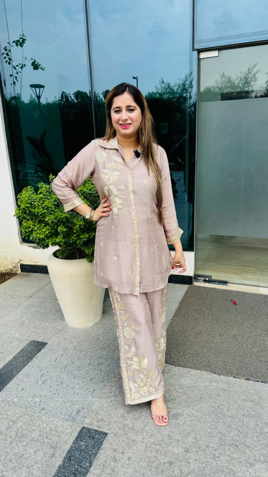 Ilana🌳 | Taupe Golden Embroidered Coordset – Shirt with Wide-Leg Pants