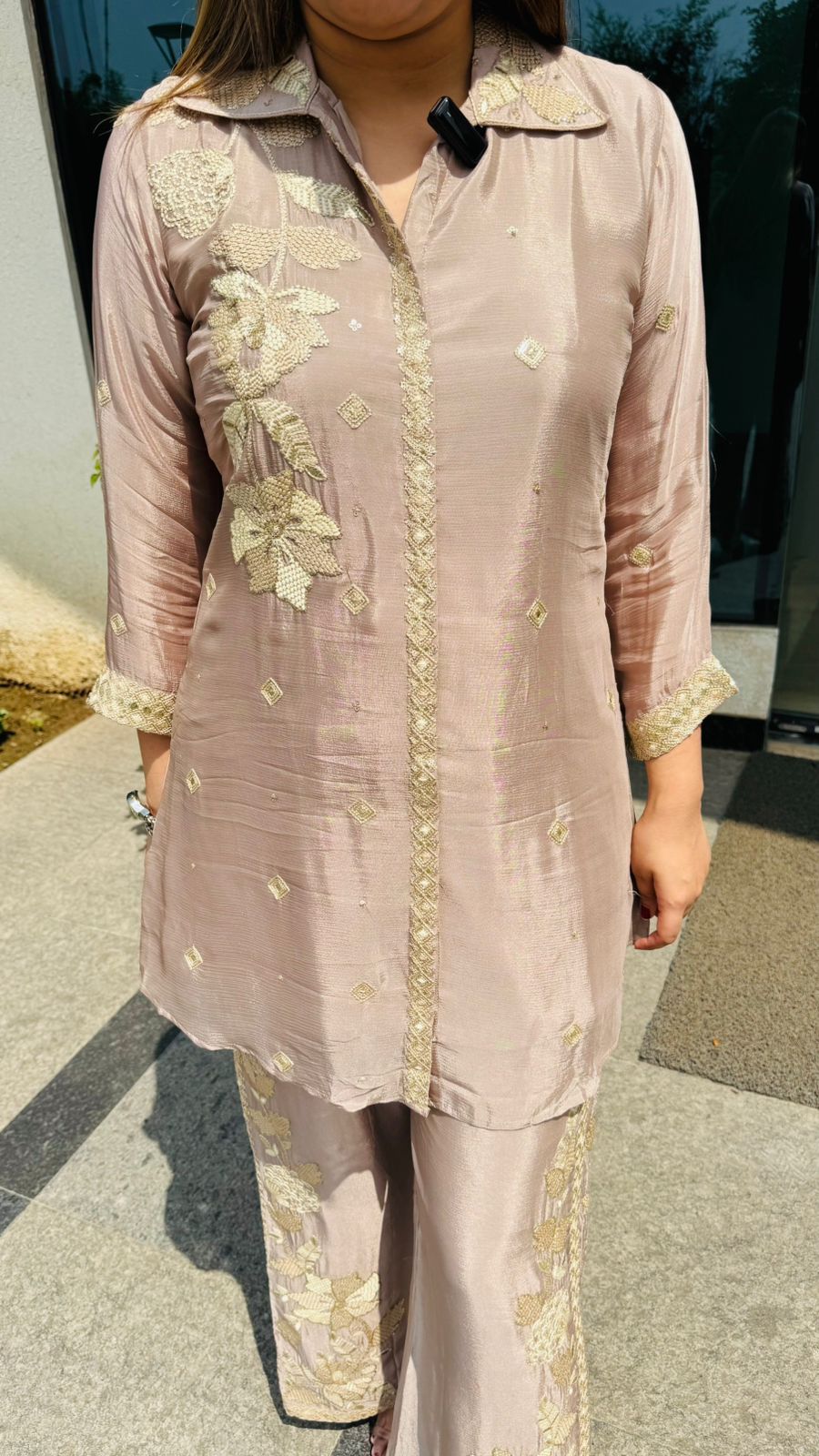 Ilana🌳 | Taupe Golden Embroidered Coordset – Shirt with Wide-Leg Pants